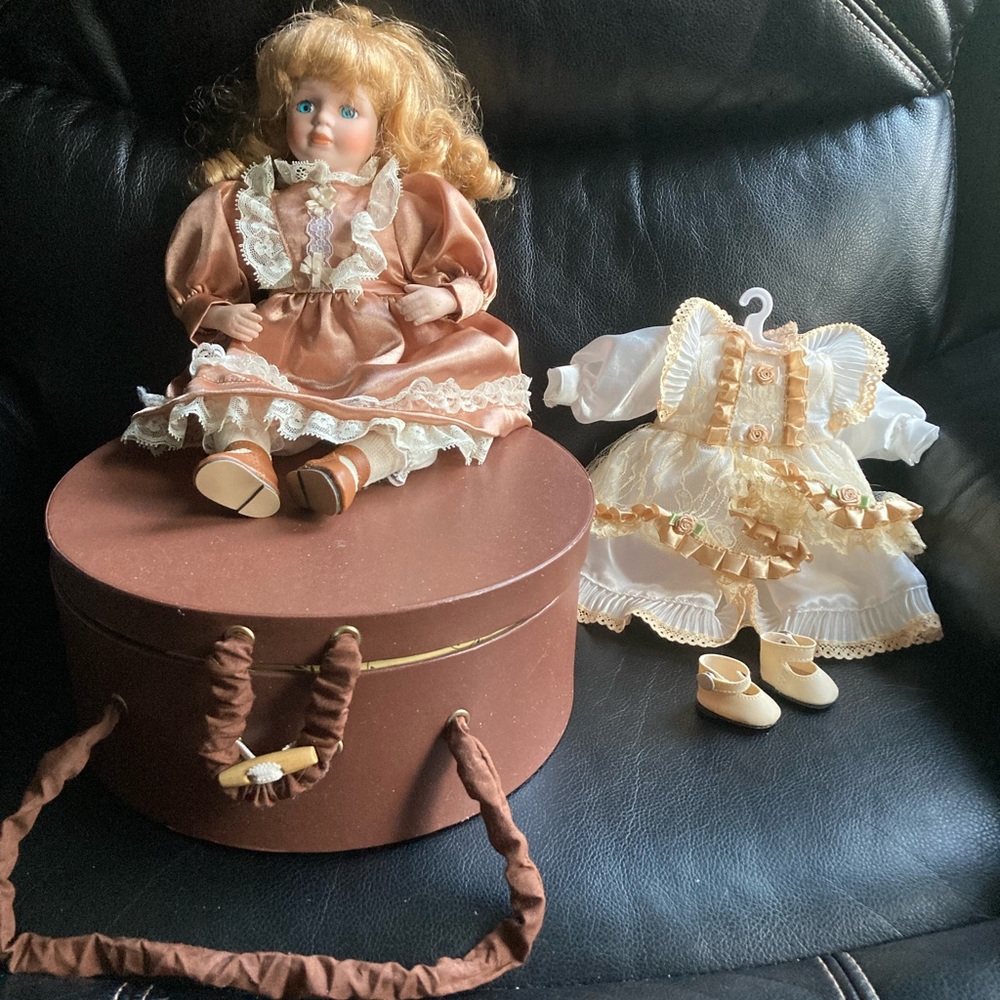 Victorian Rose Porcelain Doll with Extra Dress & Shoes in the Brown Carry Case